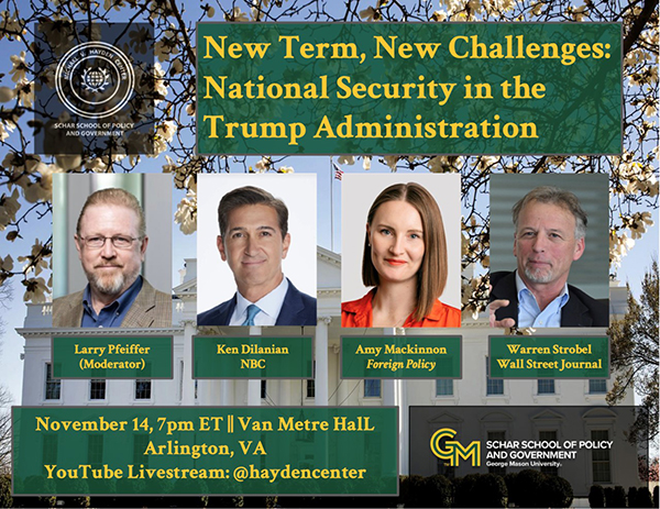 A green and gold flyer with head shots promotes a panel discussion.