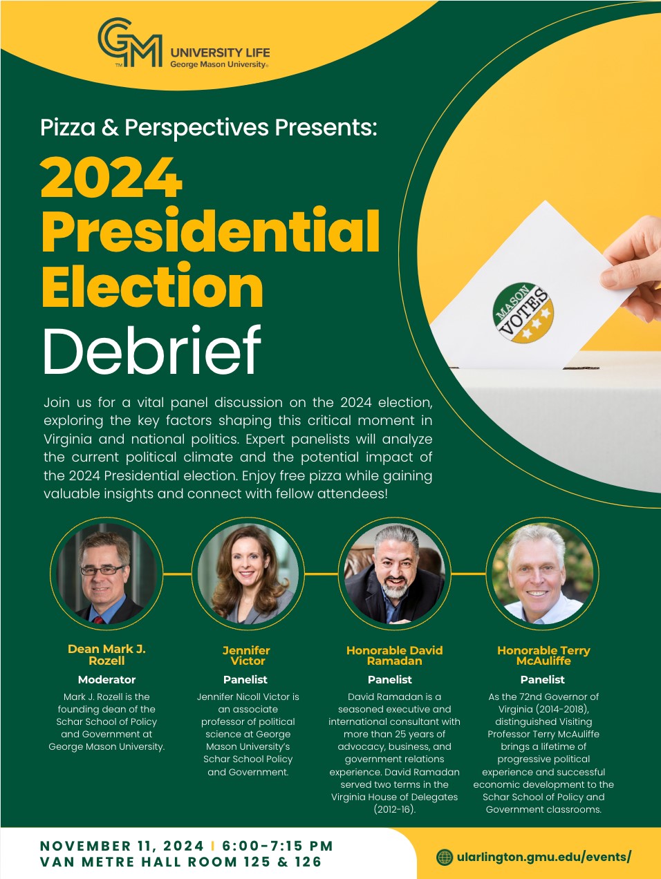 A green flyer with four photos advertises a panel discussion.